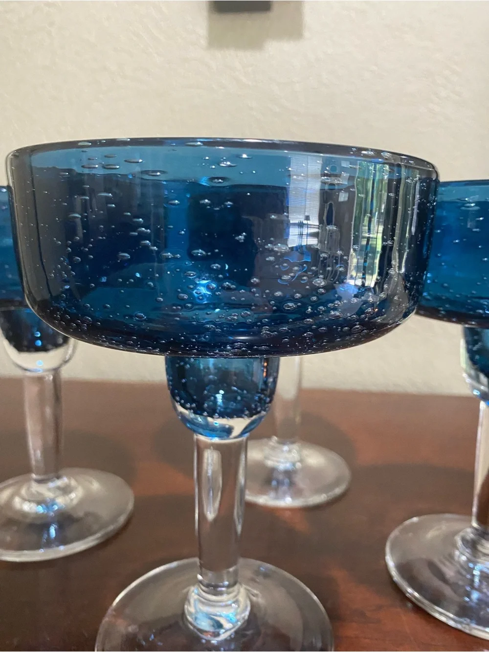 Set of 4, Artisan Hand blown Mexican Margarita Glasses, Cobalt Blue Bowl